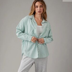 AEO women’s XL Pefect Button Up Shirt green and white striped oversized fit